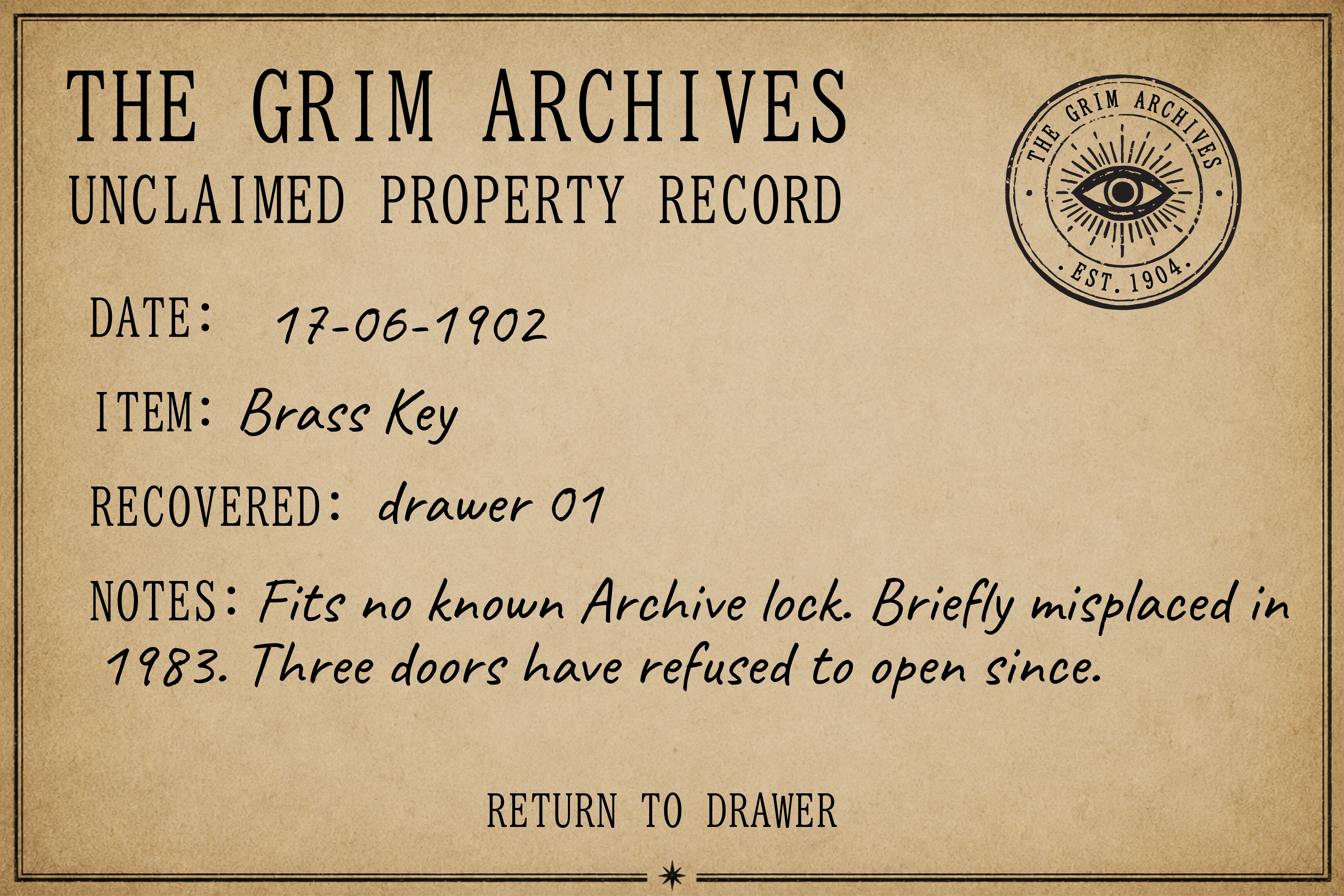 Unclaimed property record for the brass key