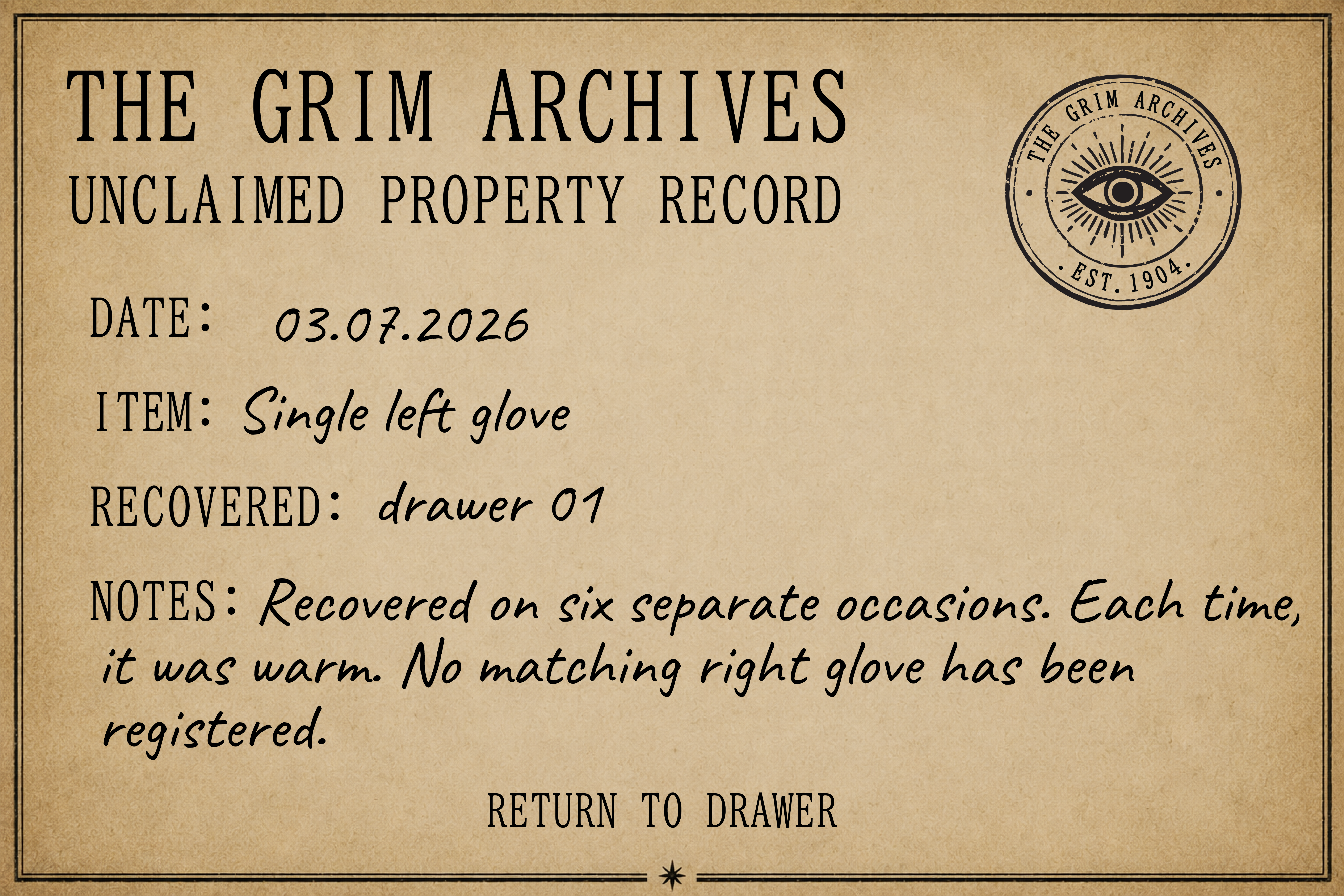 Unclaimed property record for the left glove