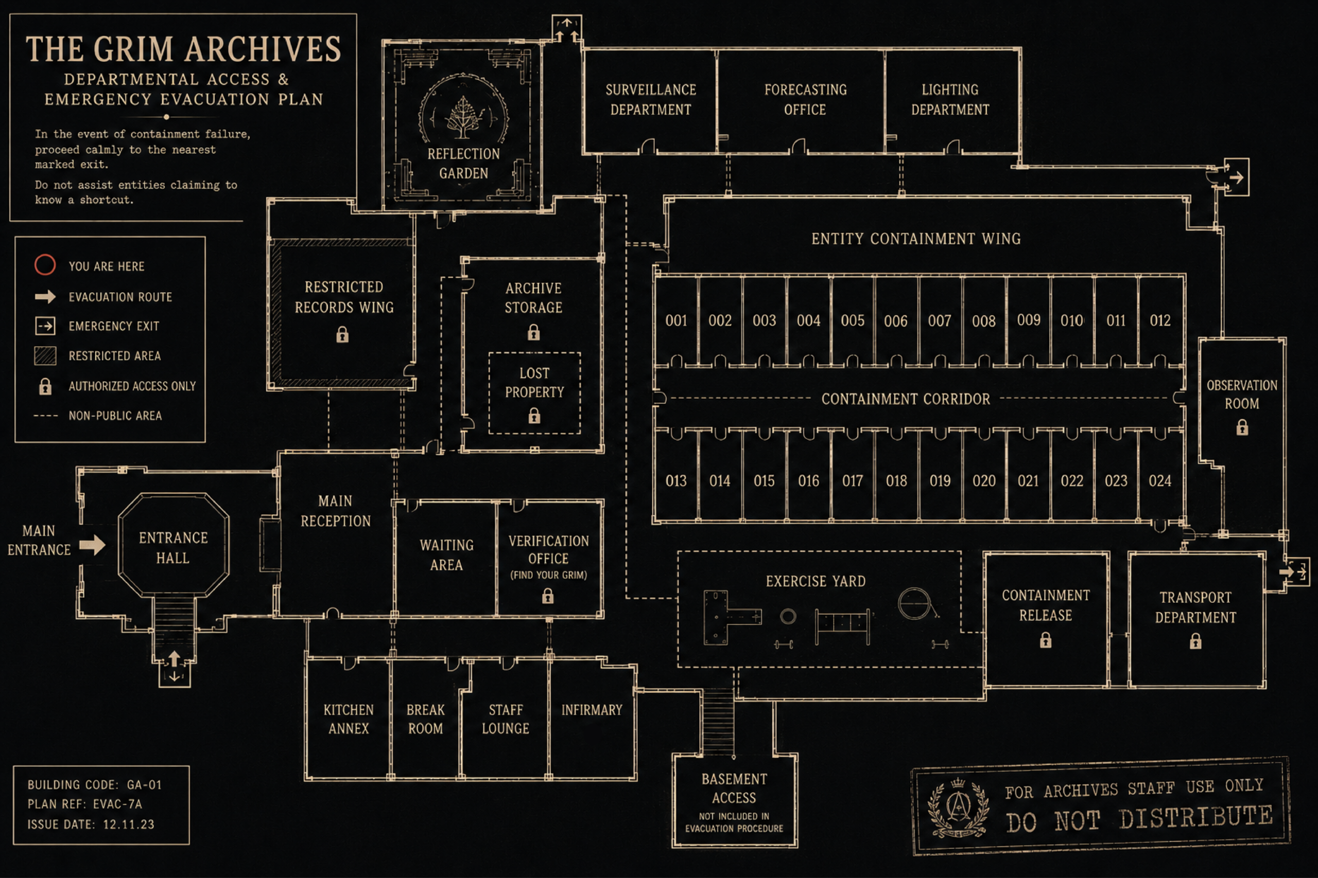 The Grim Archives departmental access and emergency evacuation plan