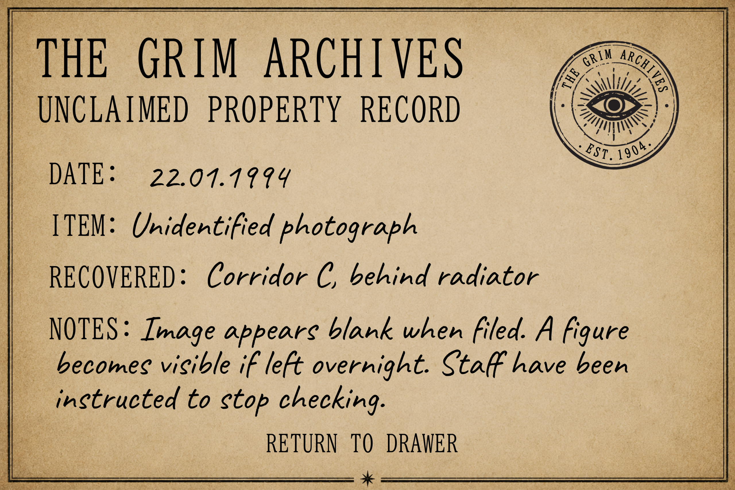 Unclaimed property record for the unidentified photograph