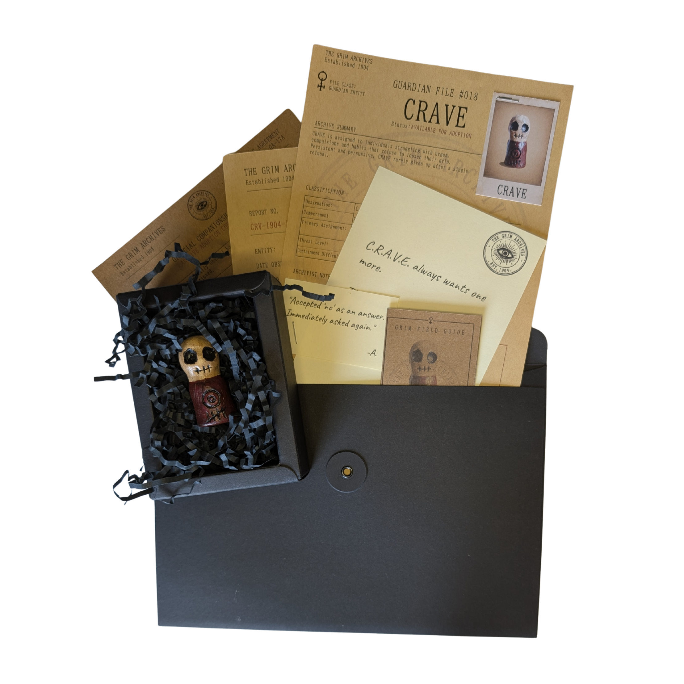CRAVE with its complete Grim Archives paperwork, conservation box and recorded effects