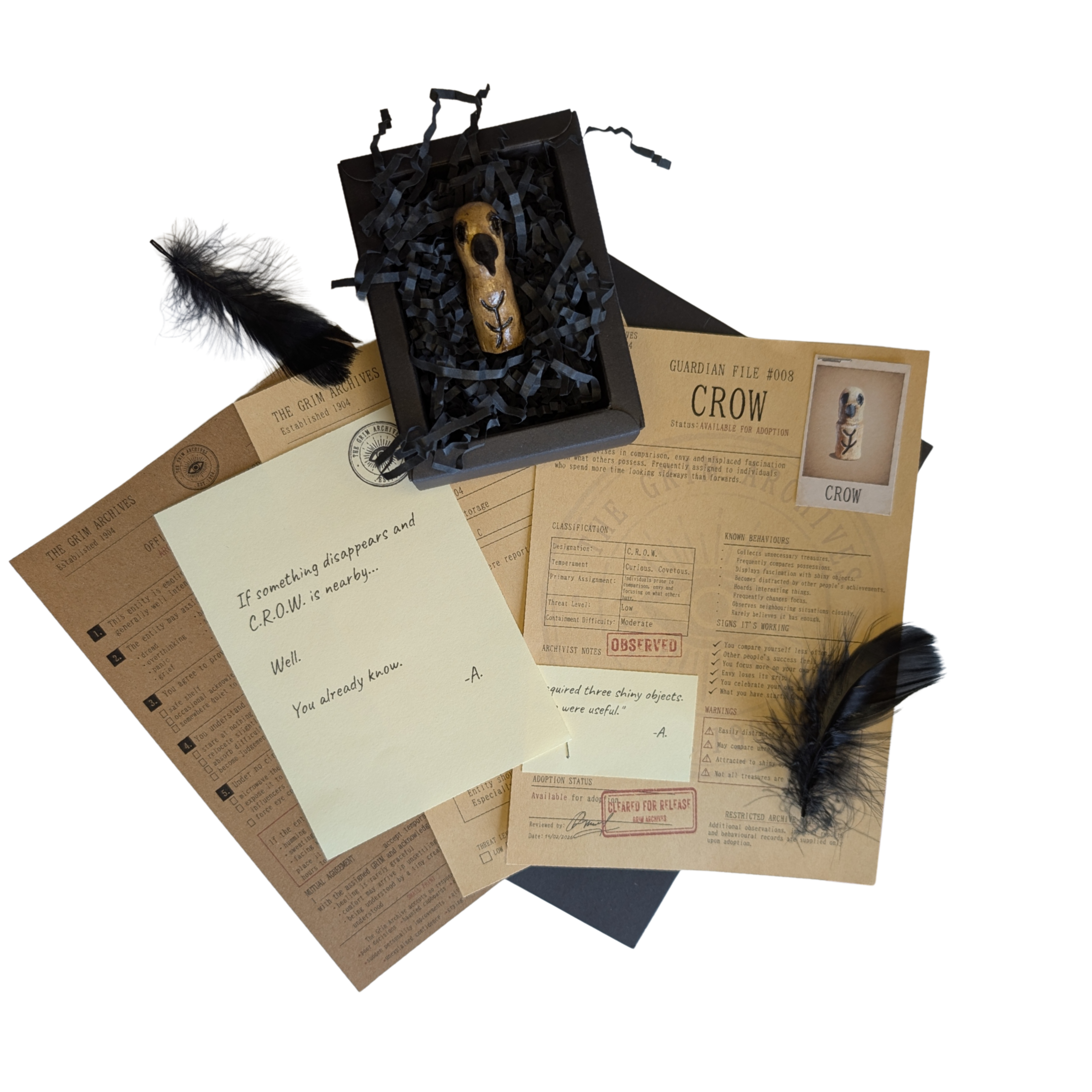 CROW with its complete Grim Archives paperwork, conservation box and recorded effects