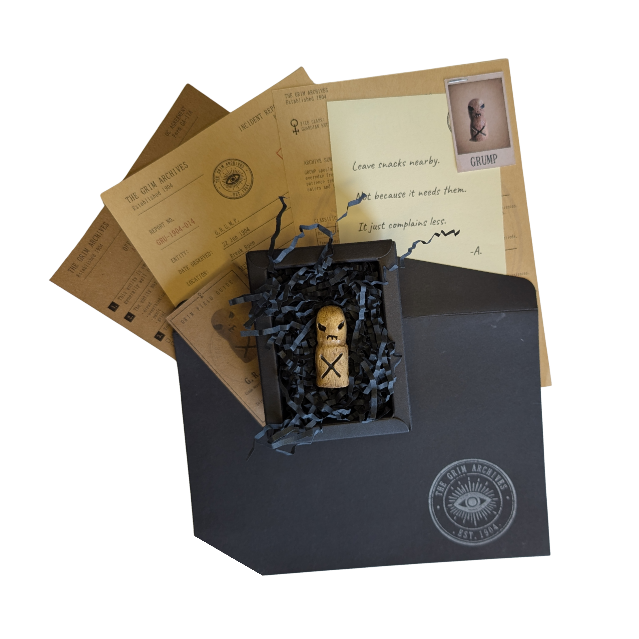 GRUMP with its complete Grim Archives paperwork, conservation box and recorded effects