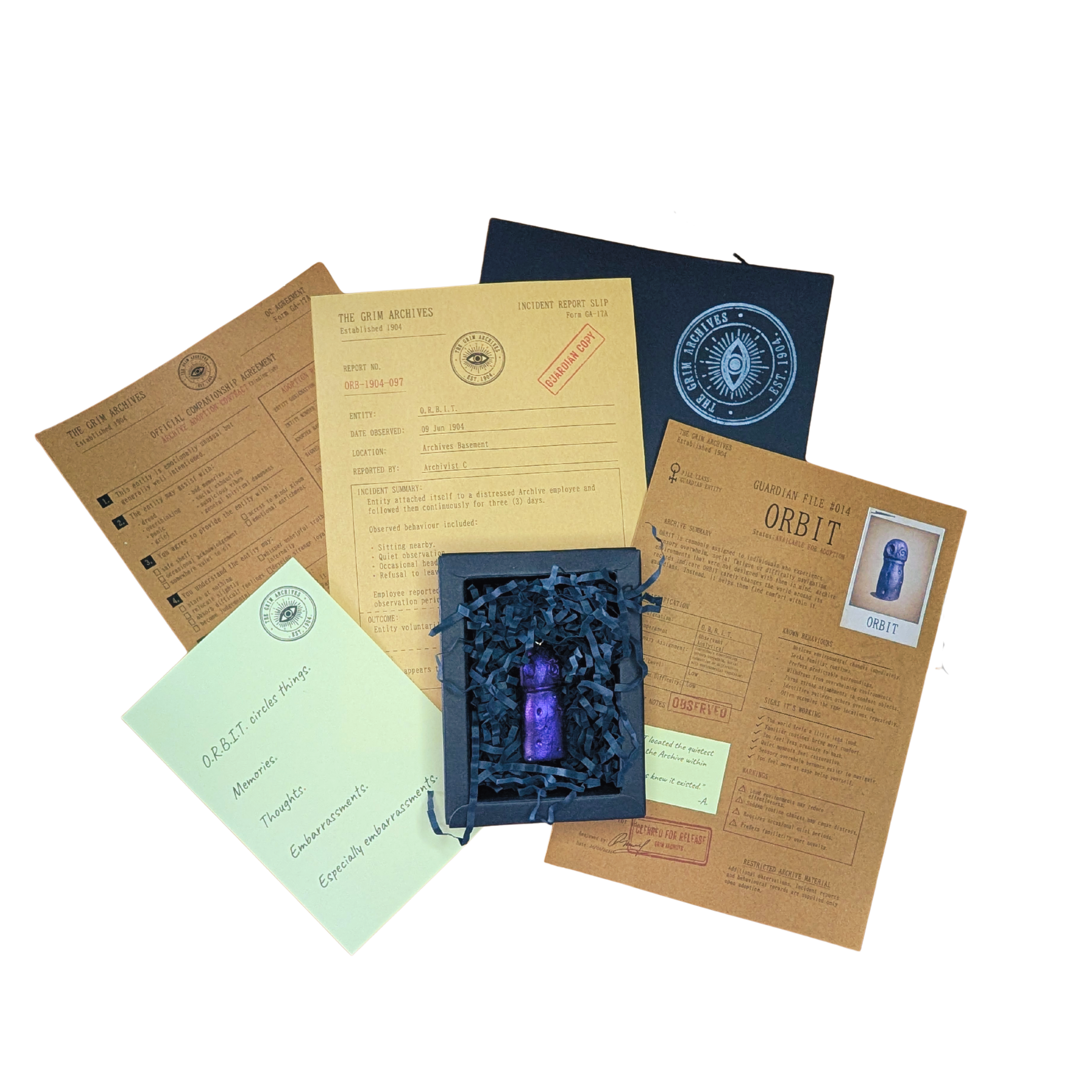 ORBIT with its complete Grim Archives paperwork, conservation box and recorded effects