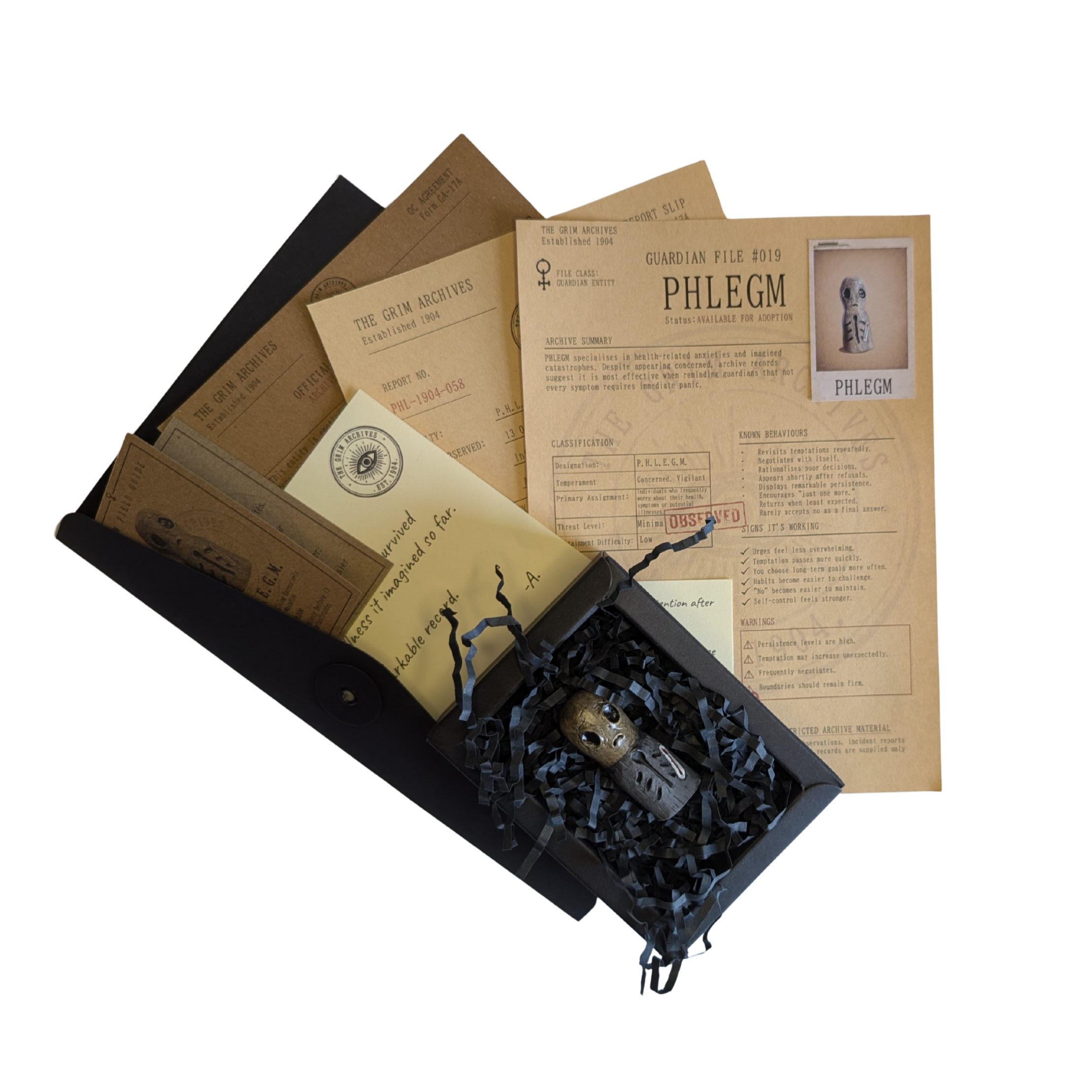 PHLEGM with its complete Grim Archives paperwork, conservation box and recorded effects