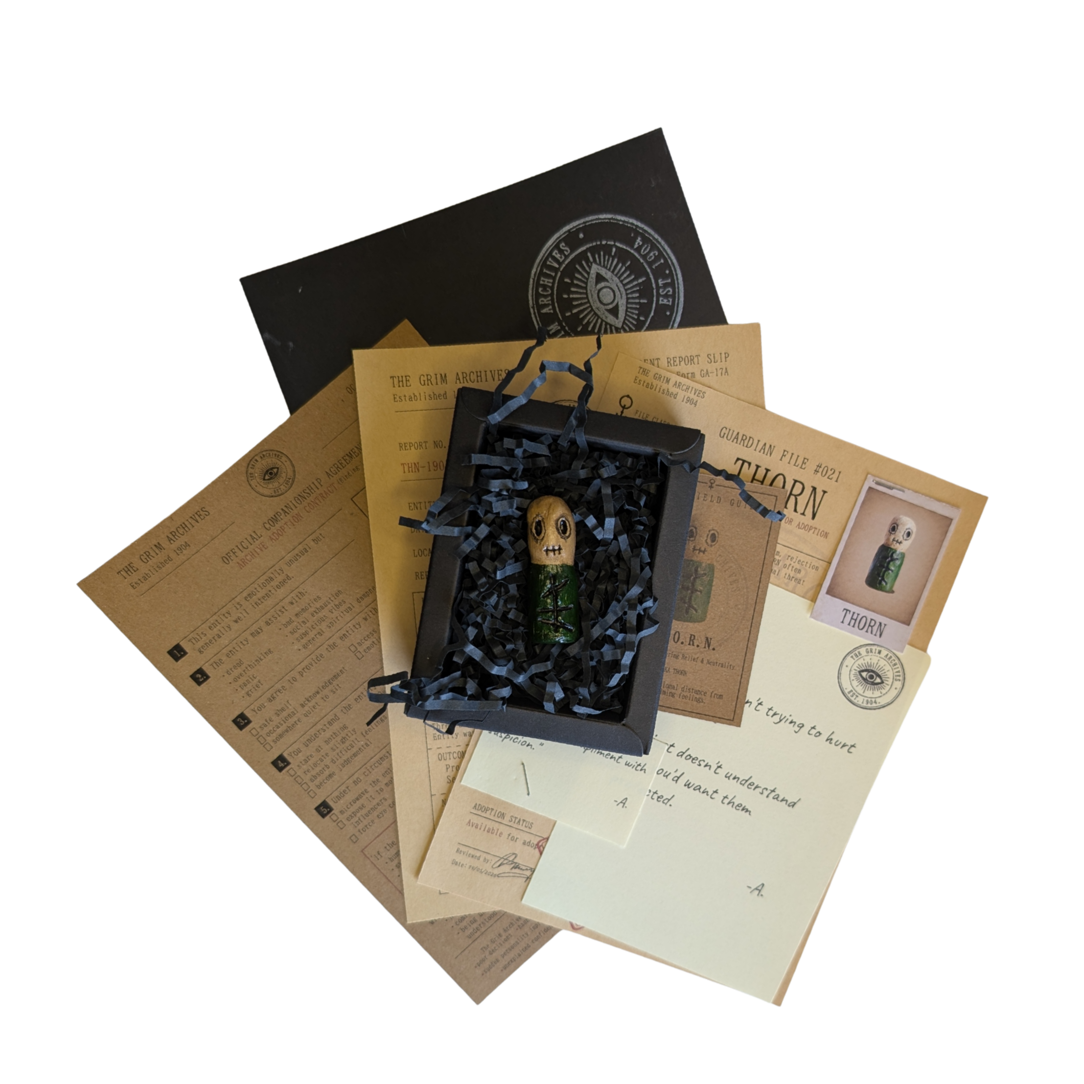 THORN with its complete Grim Archives paperwork, conservation box and recorded effects