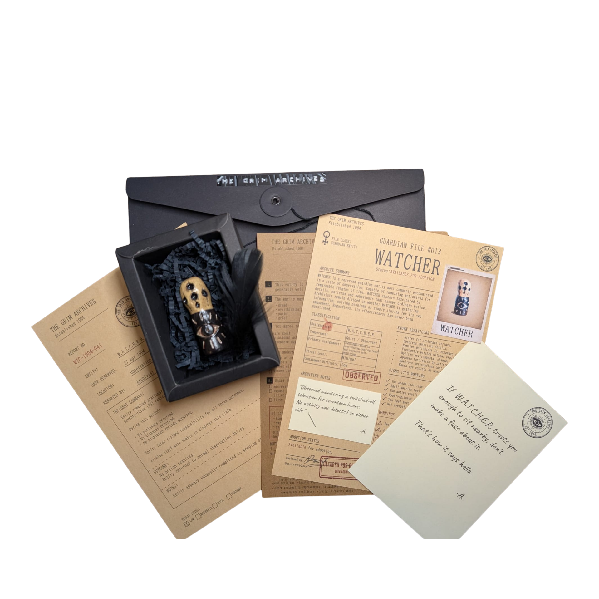 WATCHER with its complete Grim Archives paperwork, conservation box and recorded effects